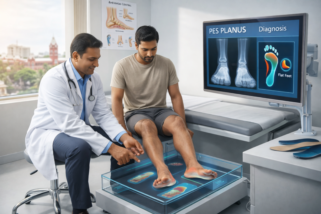 Pes planus footprint evaluation and diagnosis at a Chennai orthopedic clinic.